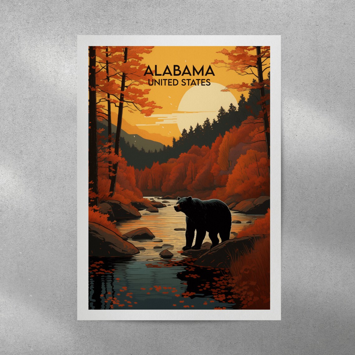 Alabama United States Black Bear Autumn River Scene Travel Poster - Image 3