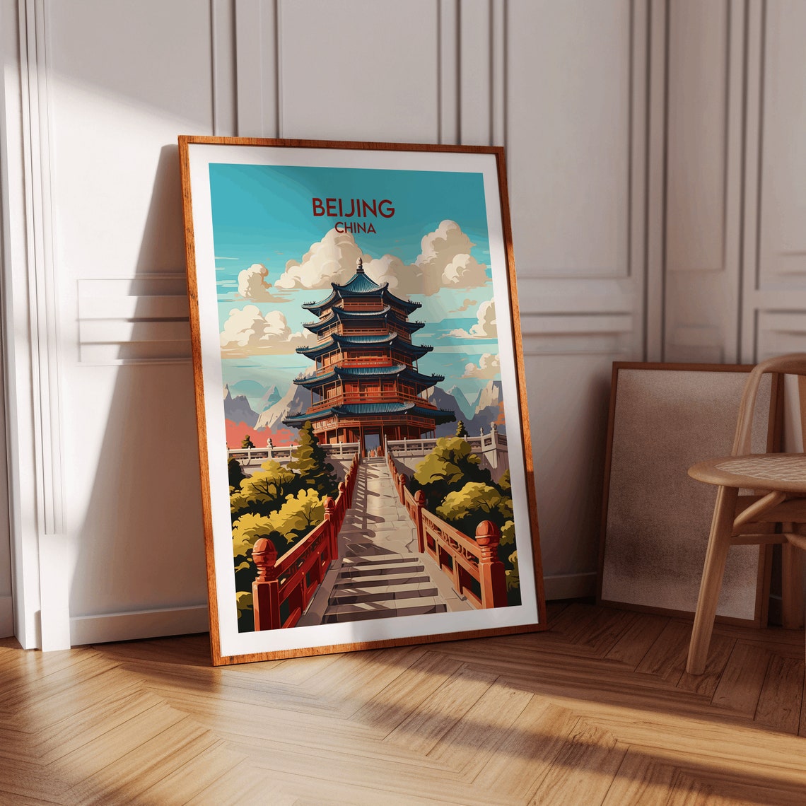 Beijing China Red Pagoda Temple with Mountain Retro Travel Poster - Image 2