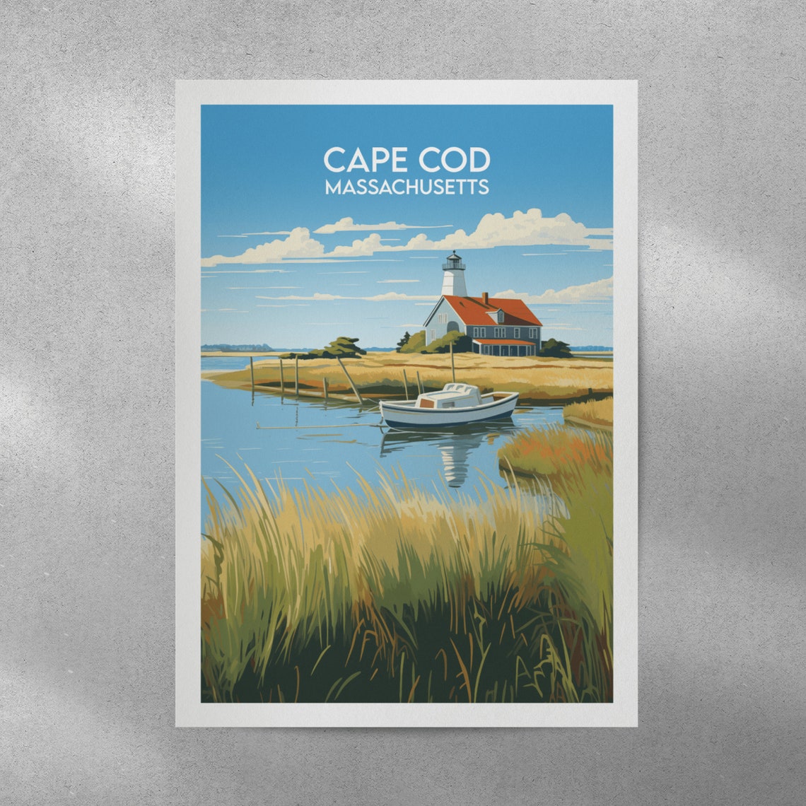 Cape Cod Massachusetts Lighthouse and Boat Marsh Scene Travel Poster - Image 3