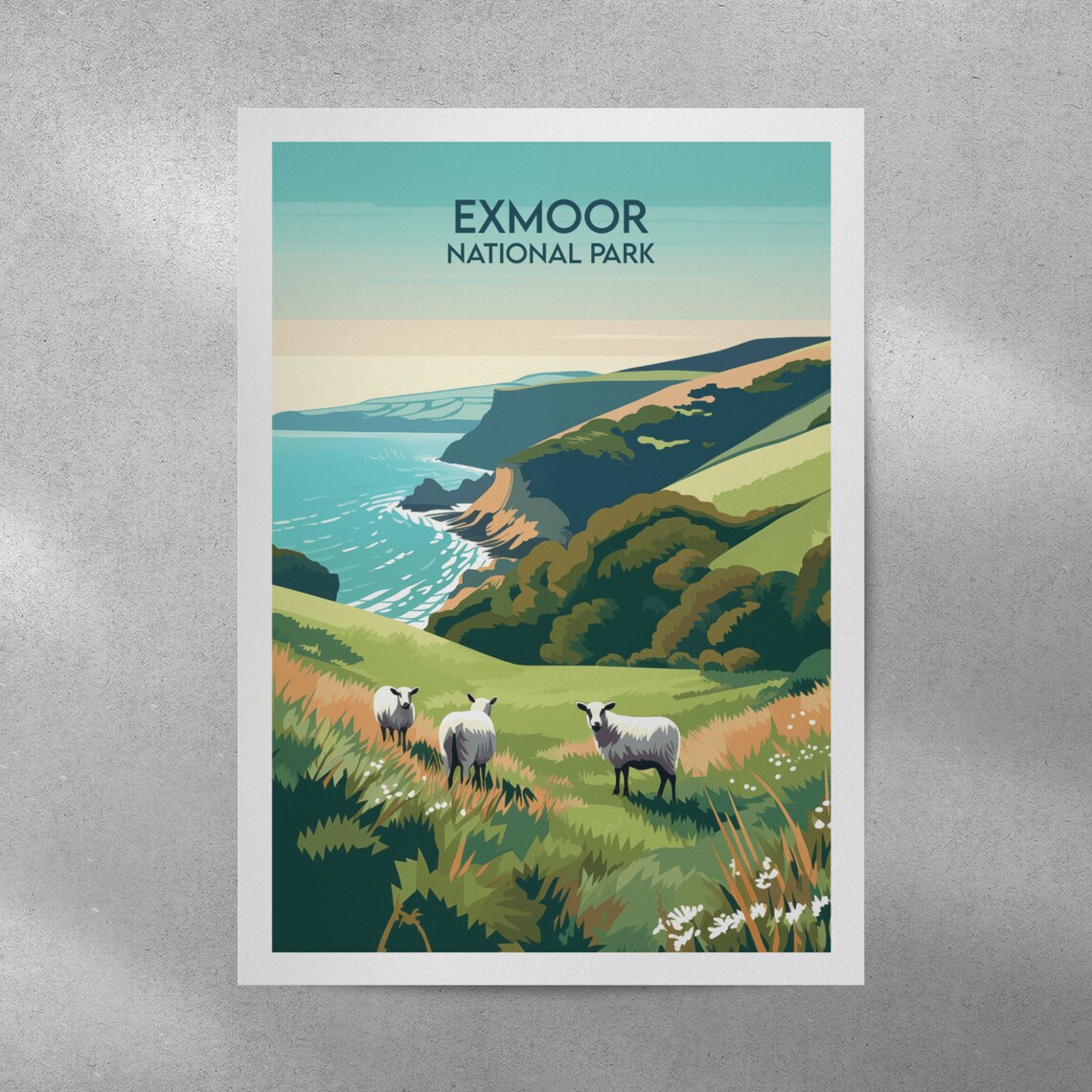 Exmoor National Park Green Hillside Sheep Coastal Art Poster - Image 2