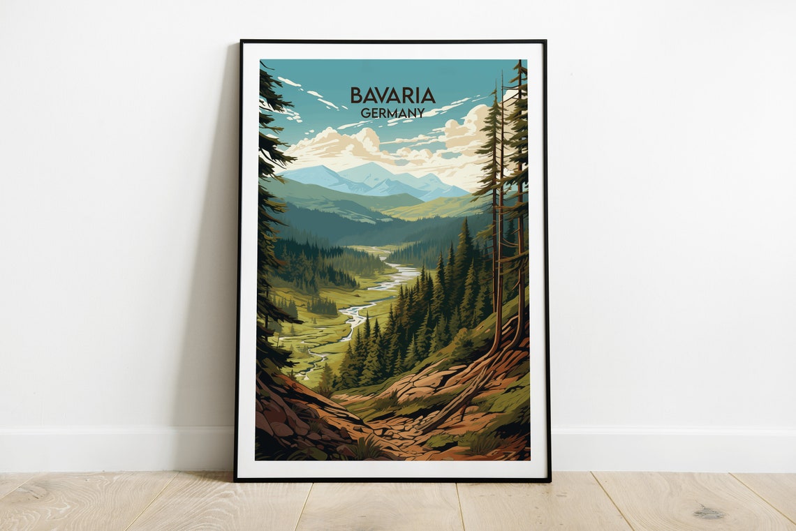 Bavaria Germany Mountain Valley River and Pines Retro Travel Poster