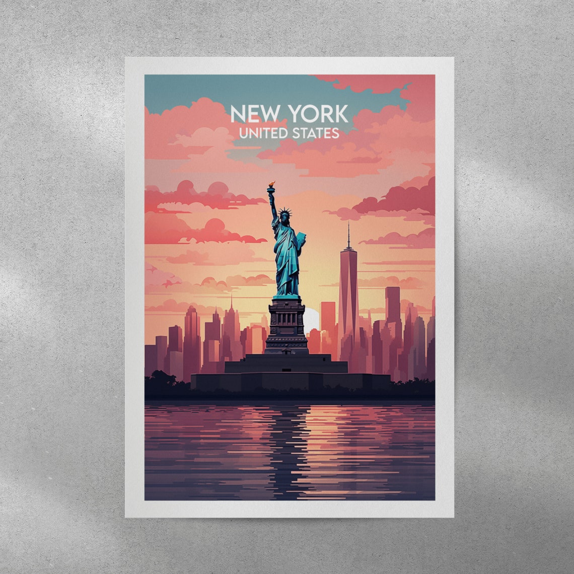 New York Statue of Liberty Sunset Pink Clouds Skyline Poster - Image 3