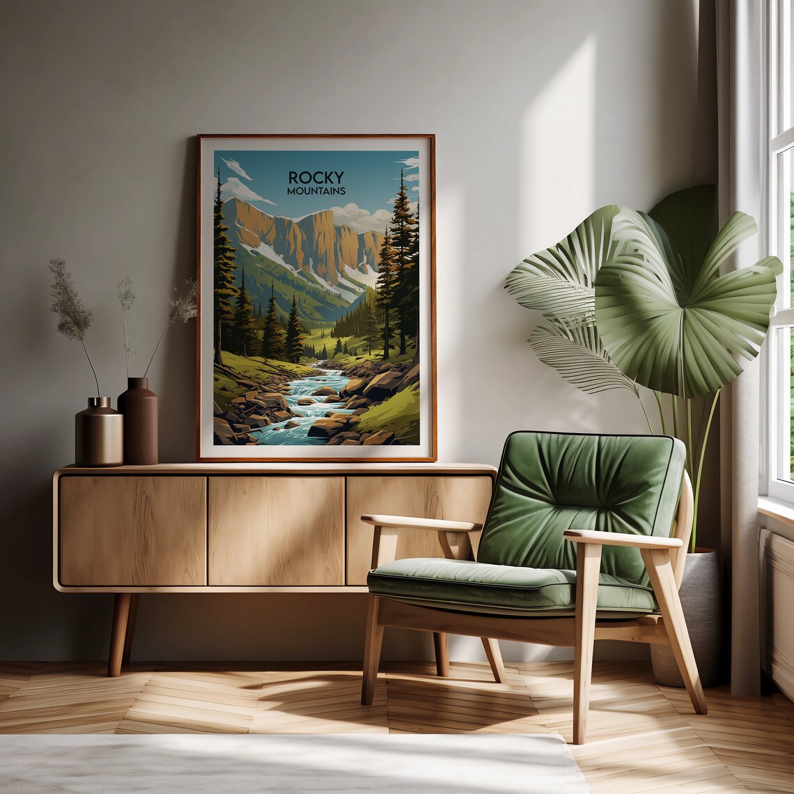 Rocky Mountains Golden Cliff Valley Stream Nature Travel Poster - Image 2