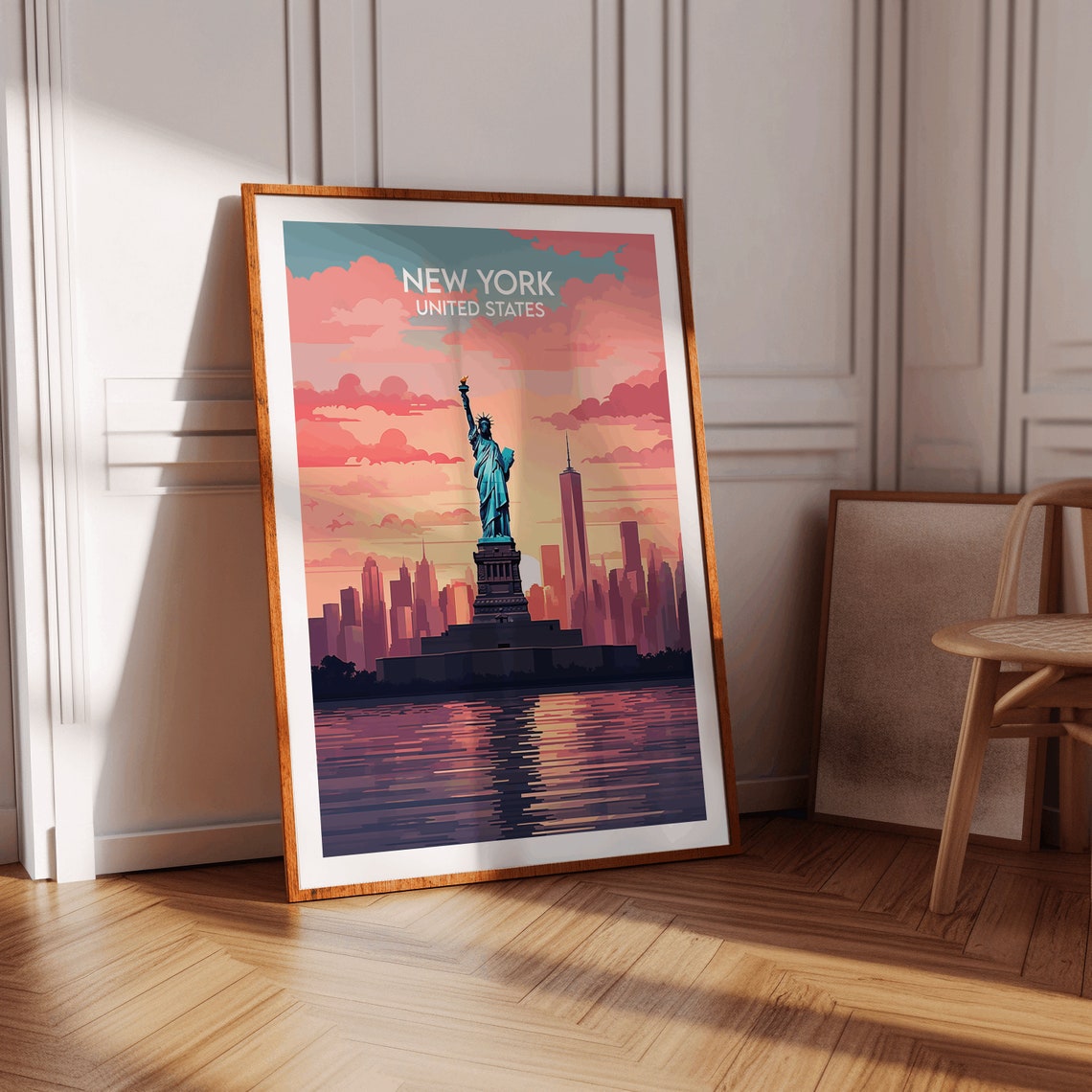 New York Statue of Liberty Sunset Pink Clouds Skyline Poster - Image 2