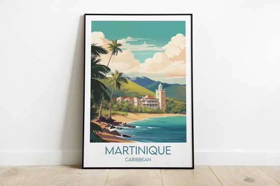 Martinique Caribbean Beach Palm Trees Vintage Travel Art Poster