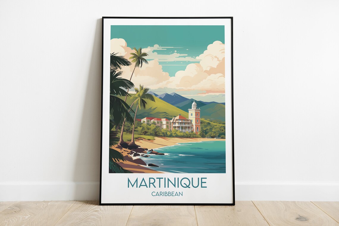 Martinique Caribbean Beach Palm Trees Vintage Travel Art Poster