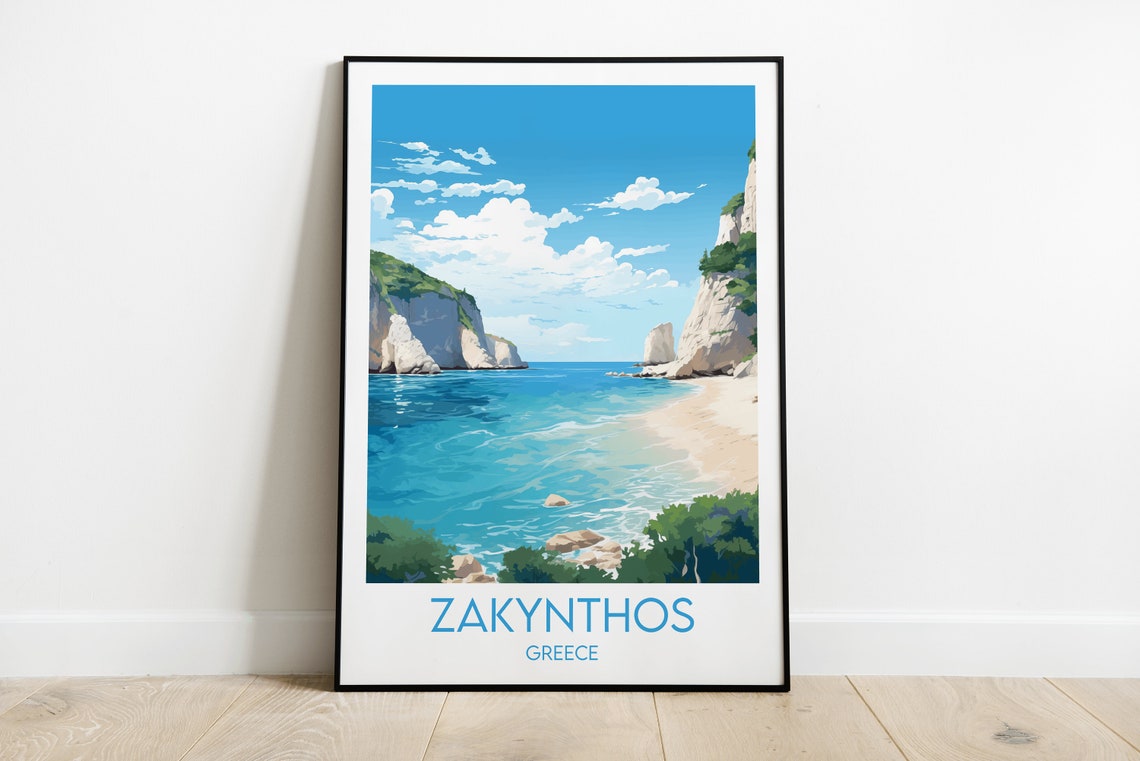 Zakynthos Greece Vintage Ionian Cliffs Beach Cove Travel Poster