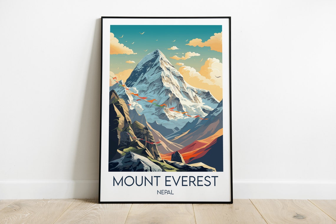 Mount Everest Nepal Prayer Flags Himalayan Peak Mountain Art Poster
