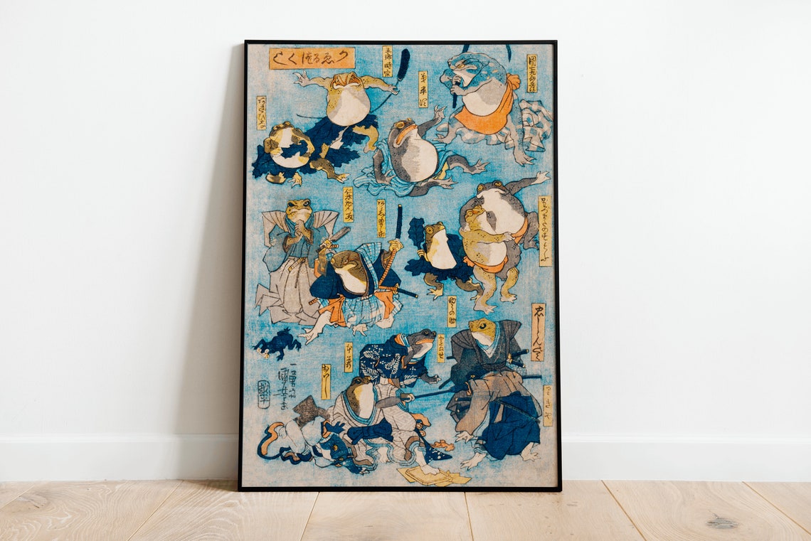 Japanese Frogs Ukiyo E Style Samurai Battle Vintage Art Print