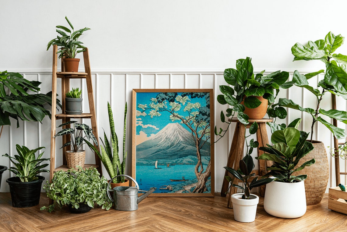 Mount Fuji With Cherry Blossoms Over The Lake Japanese Woodblock Print - Image 3