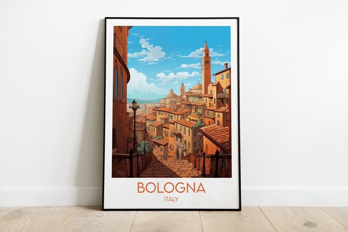 Bologna Italy Terracotta Rooftops and Towers Old Town Travel Poster