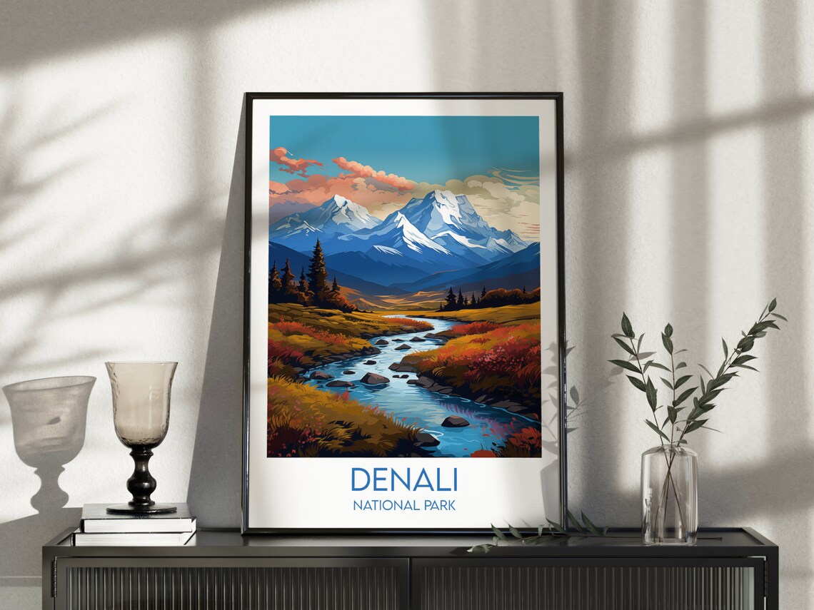 Denali National Park Snow Peaks Rocky River Autumn Travel Poster - Image 3