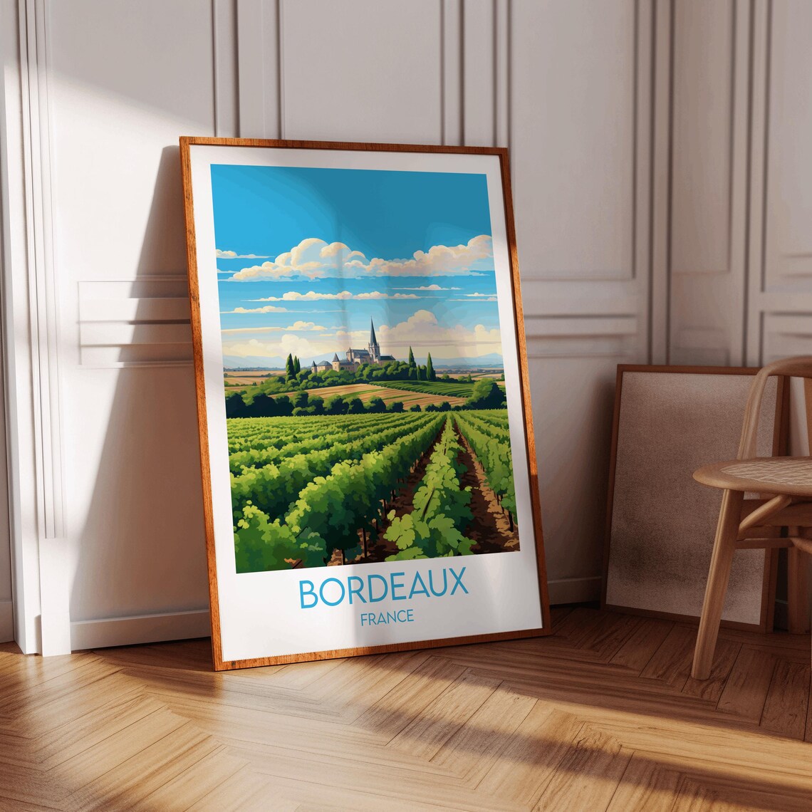 Bordeaux France Sunlit Vineyard Field Church View Travel Poster - Image 3