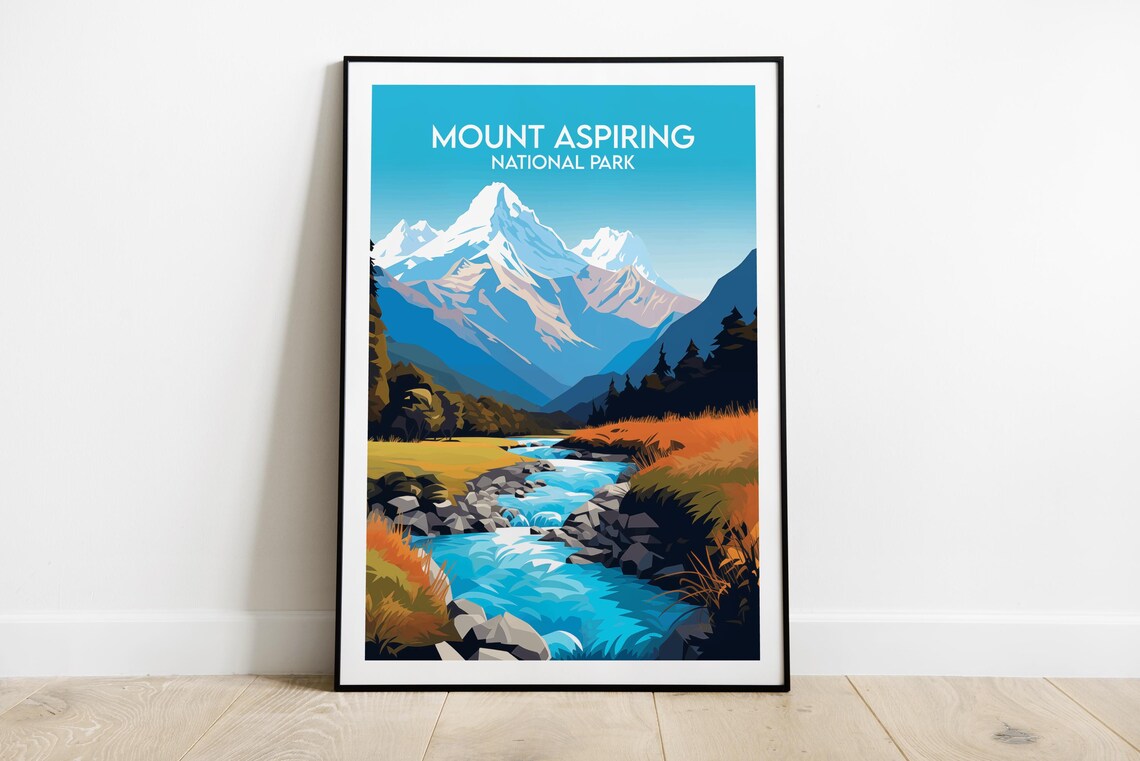Mount Aspiring National Park Vintage Travel Style River Poster