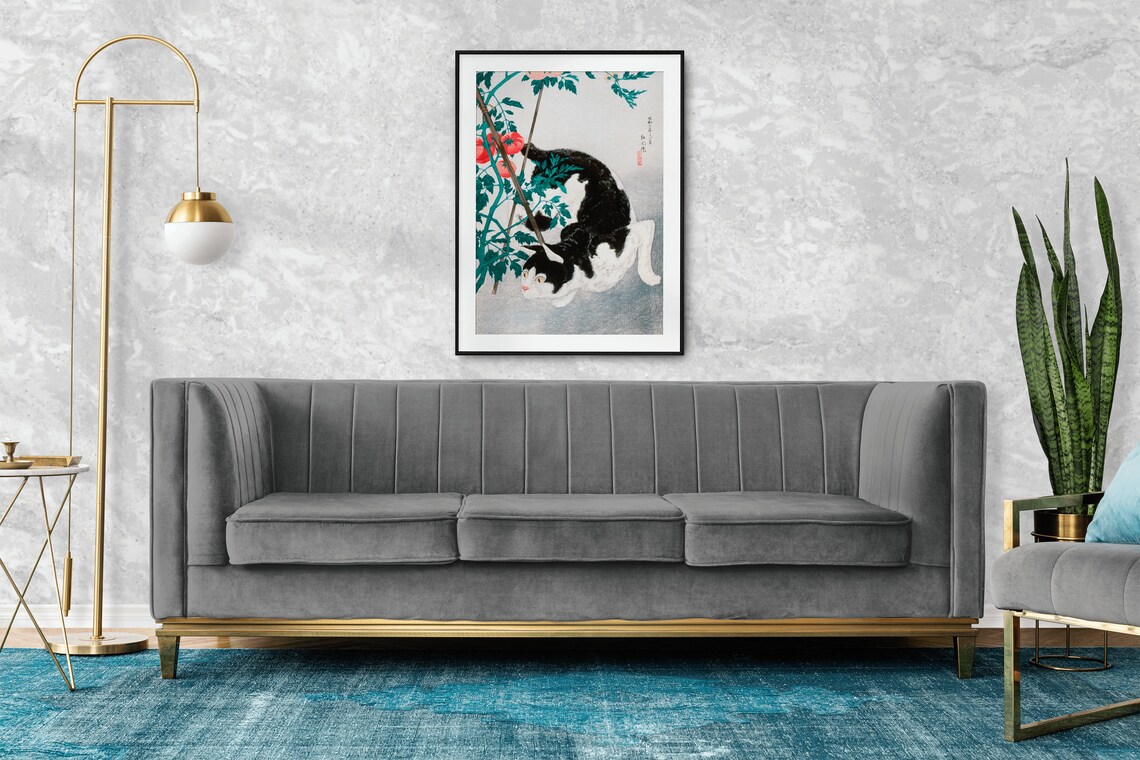 Japanese Cat with Tomatoes Woodblock Black and White Art Poster - Image 2