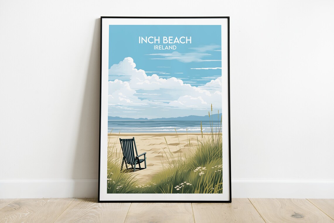 Inch Beach Ireland Seaside Chair Dunes Illustrated Travel Poster