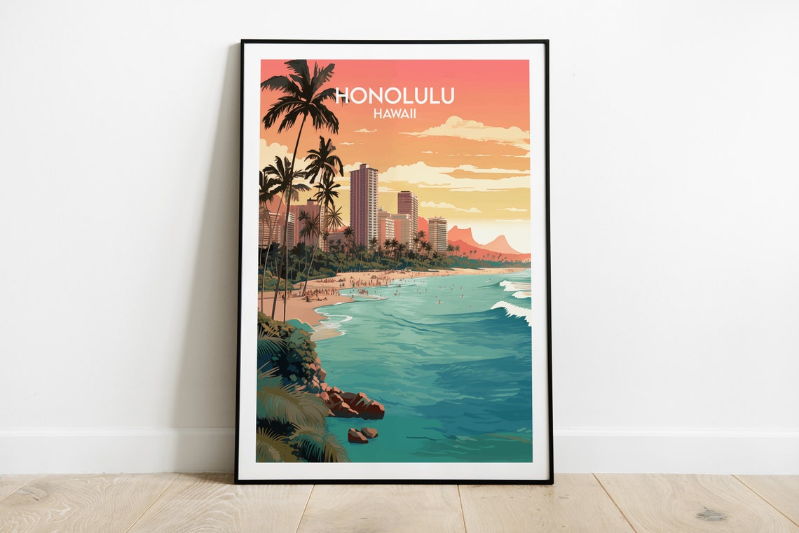 Honolulu Hawaii Vintage Waikiki Beach Palm Sunset Skyline Poster