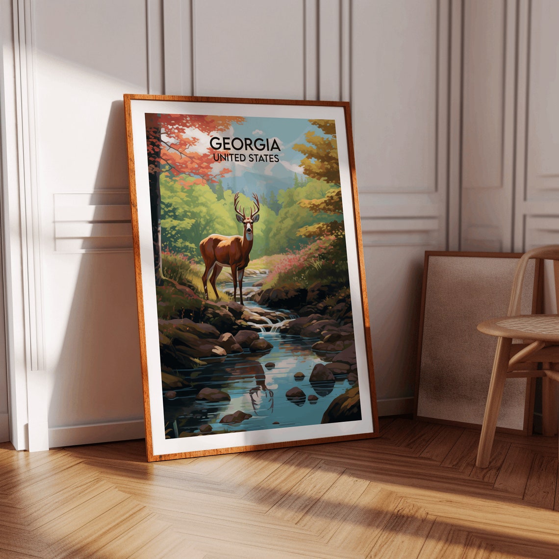 Georgia United States Buck by Mountain Stream Forest Scene Poster - Image 2