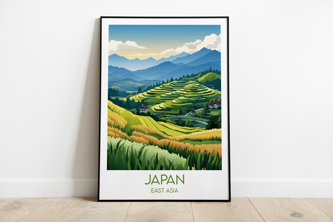 Japan East Asia Terraced Rice Fields Mountain Valley Travel Poster