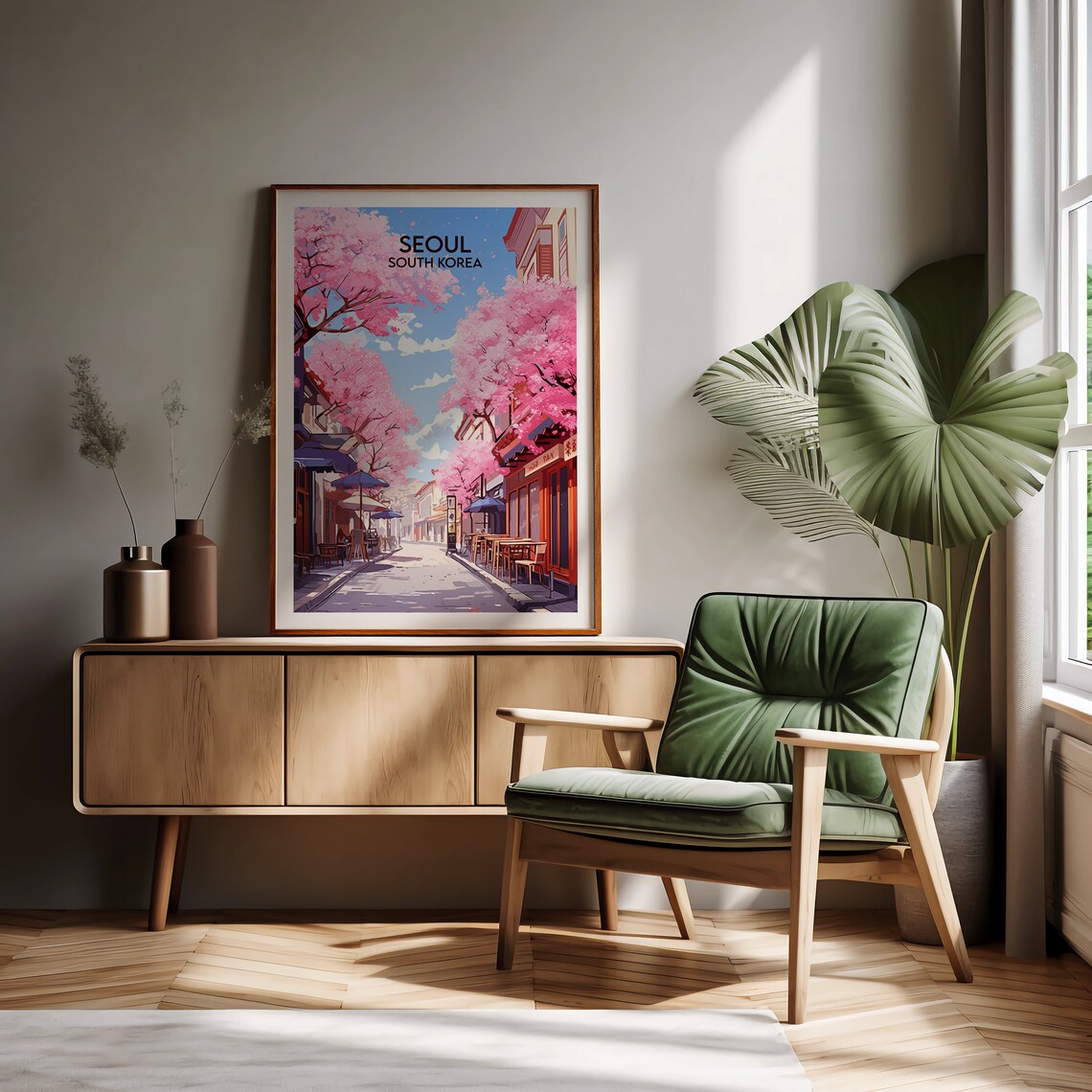 Seoul South Korea Cherry Blossom Street Cafe Travel Poster Art - Image 2