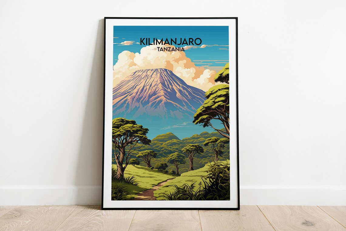 Kilimanjaro Tanzania Snowy Peak Acacia Savanna Safari Art Poster