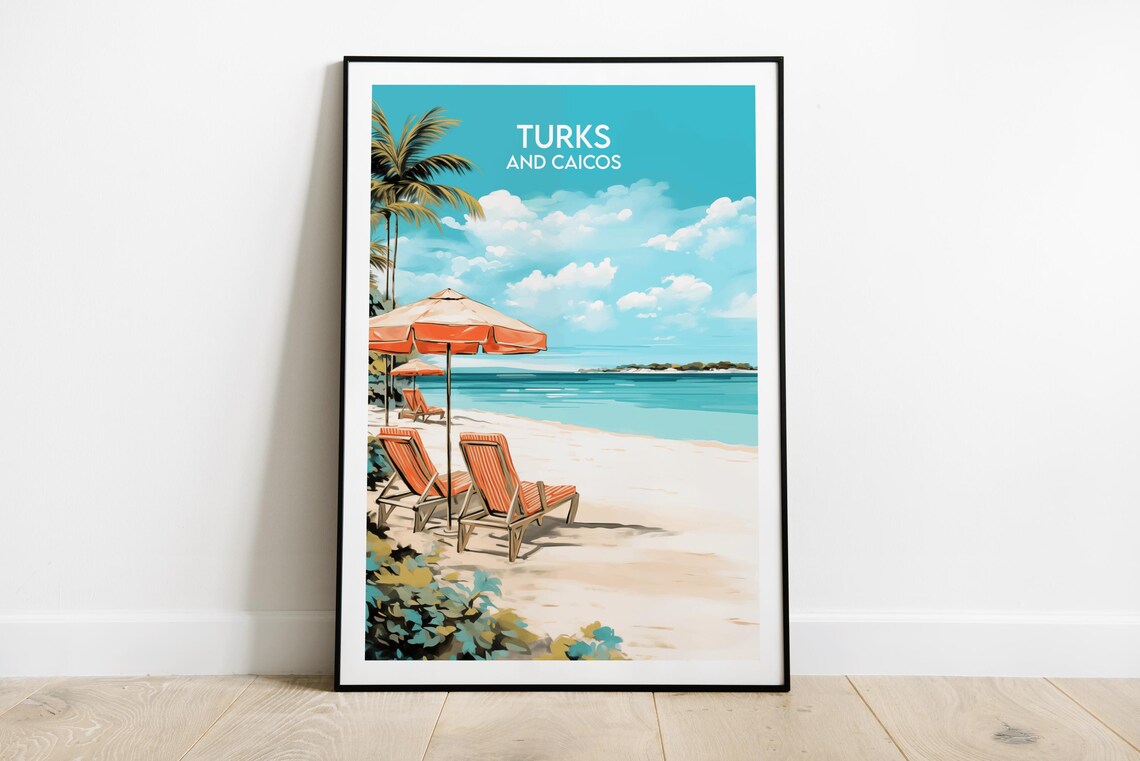 Turks And Caicos Beach Umbrellas Caribbean Tropical Travel Poster