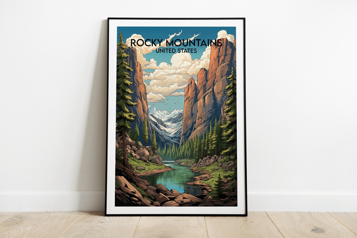 Rocky Mountains Canyon Lake Sunset Retro American Travel Poster