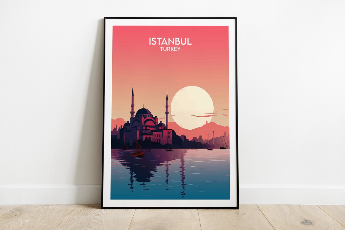 Istanbul Turkey Sunset Mosque Over Water City Travel Poster Art