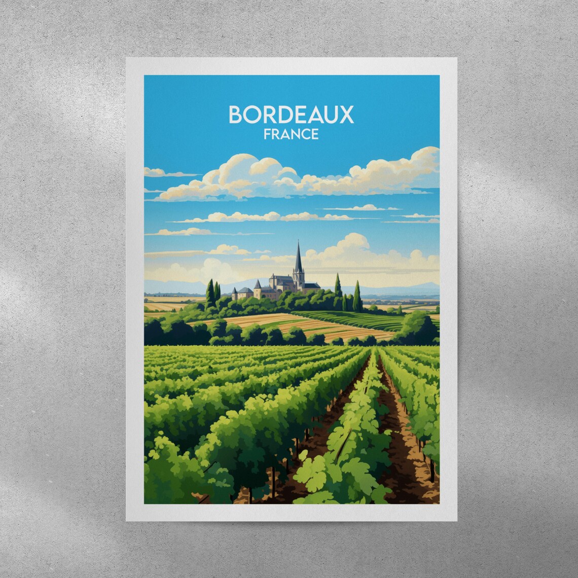 Bordeaux France Vineyard Rows Distant Church Vintage Travel Poster - Image 4