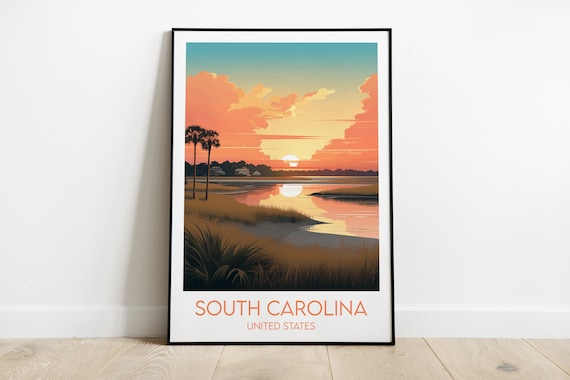 South Carolina Marsh Sunset Vintage Travel Poster Palms Water View