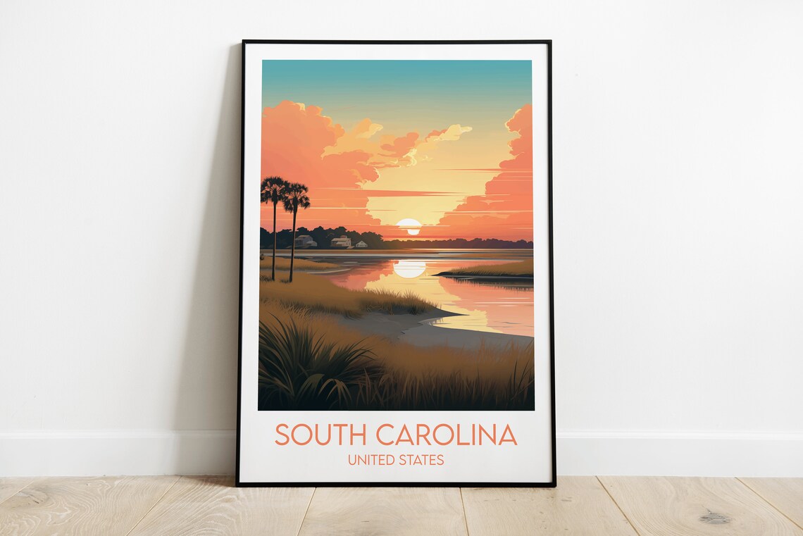 South Carolina Marsh Sunset Vintage Travel Poster Palms Water View