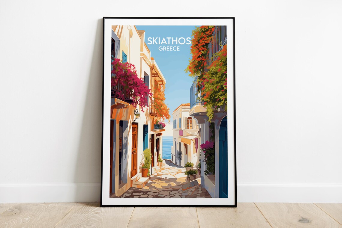 Skiathos Greece Whitewashed Alley Bougainvillea Travel Poster