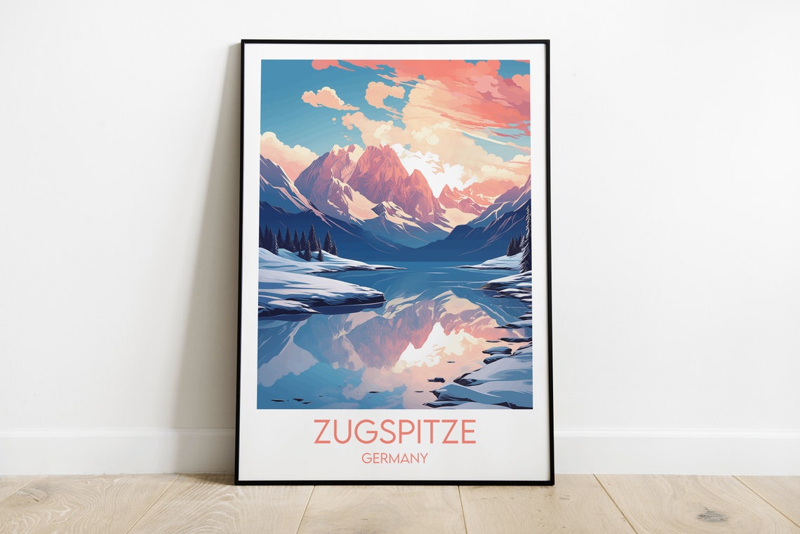 Zugspitze Germany Alpine Peak Snowy Lake Reflection Travel Poster