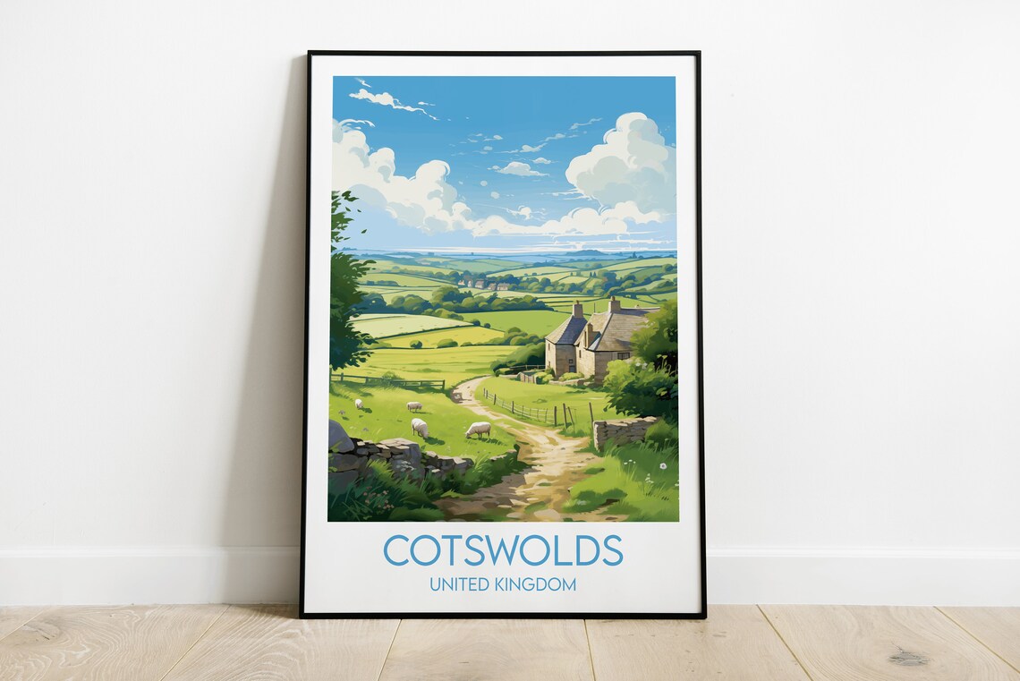 Cotswolds England Rolling Hills Country Cottage Travel Poster