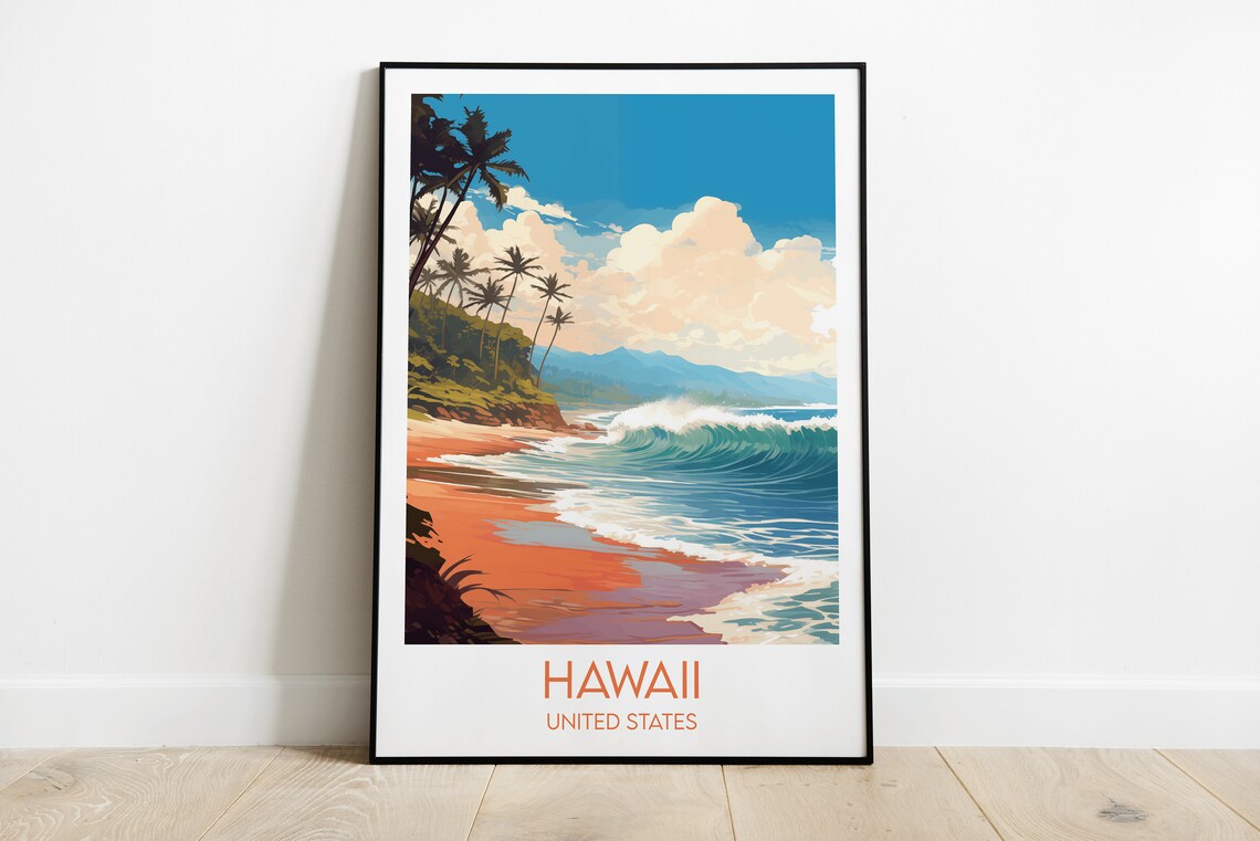 Hawaii United States Beach Surf Waves Vintage Style Travel Poster