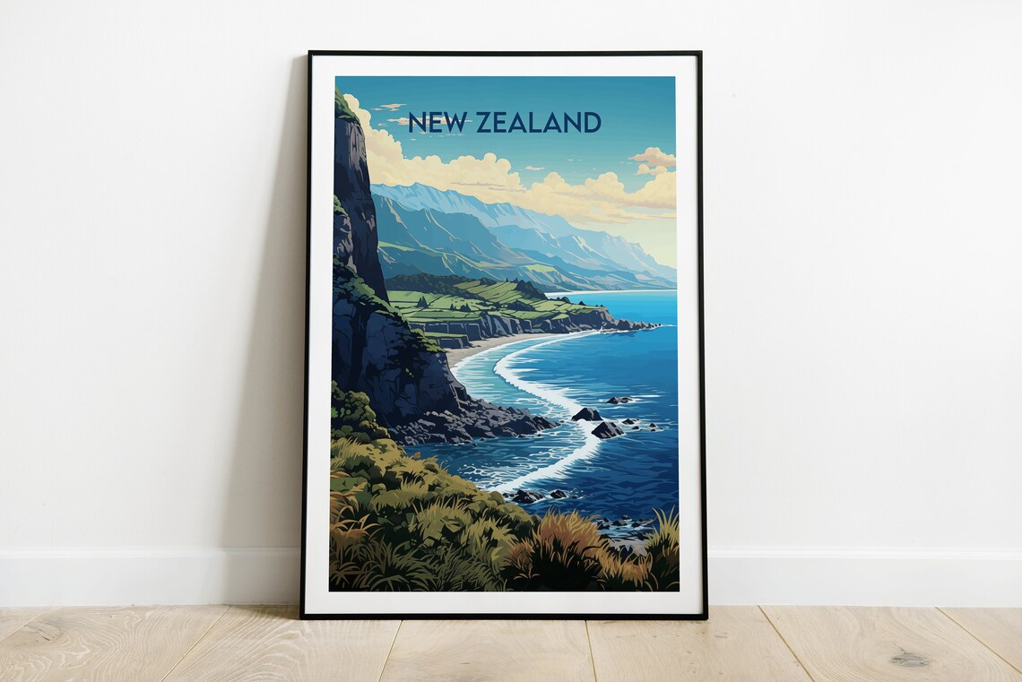 New Zealand Oceanside Cliffs Coastal Landscape Vintage Travel Poster
