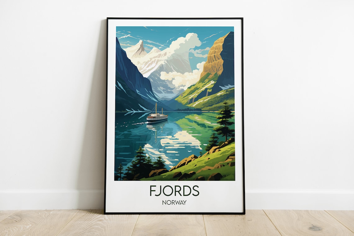 Fjords Travel Poster, Norway Custom Personalised Gift