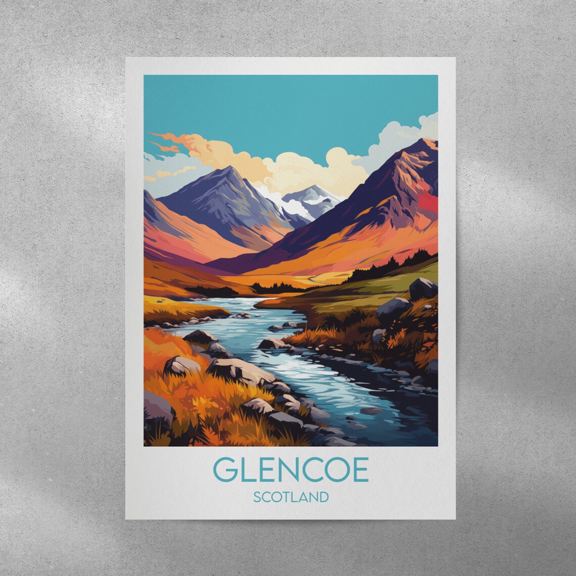 Glencoe Scotland Mountain River and Autumn Hills Travel Poster - Image 2