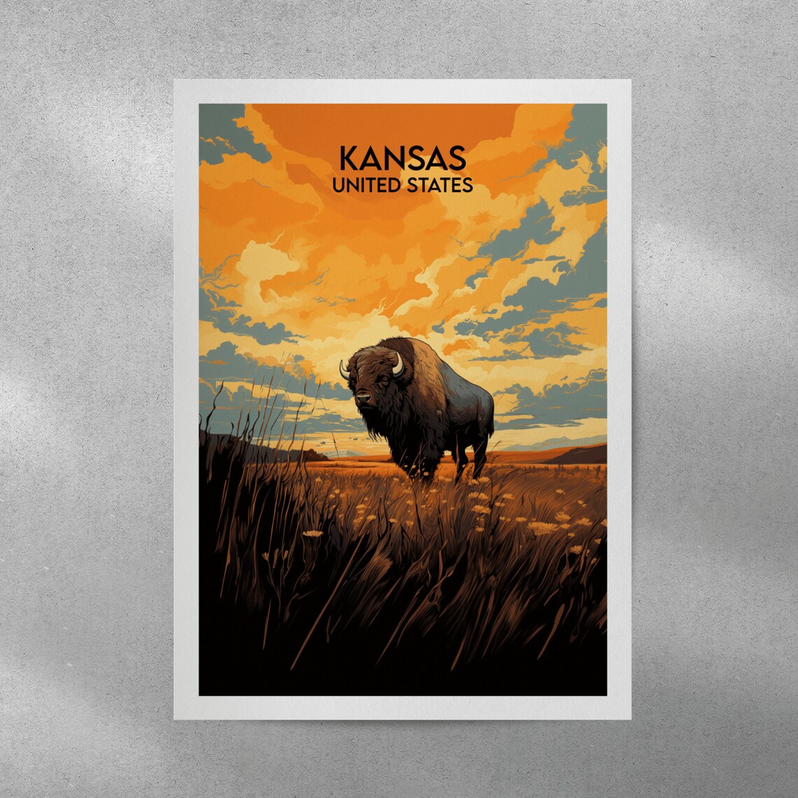 Kansas United States Bison Sunset Prairie Retro Travel Poster - Image 3