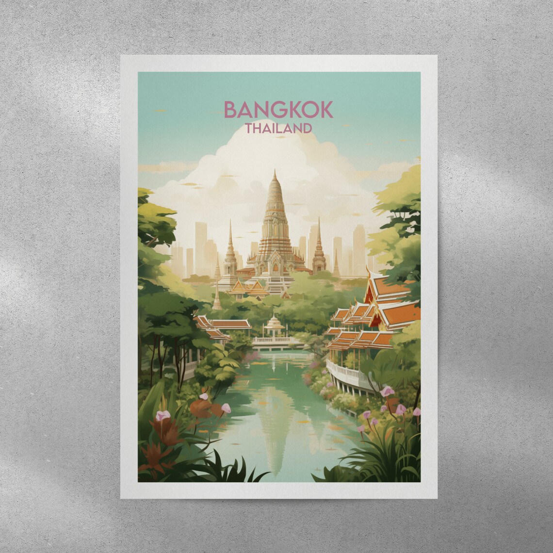 Bangkok Thailand Hidden Jungle Temple by Water Retro Travel Poster - Image 3
