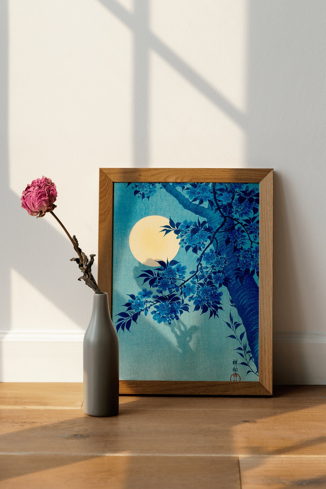 Japanese Cherry Blossom Night With Full Moon Vintage Woodblock Print - Image 4