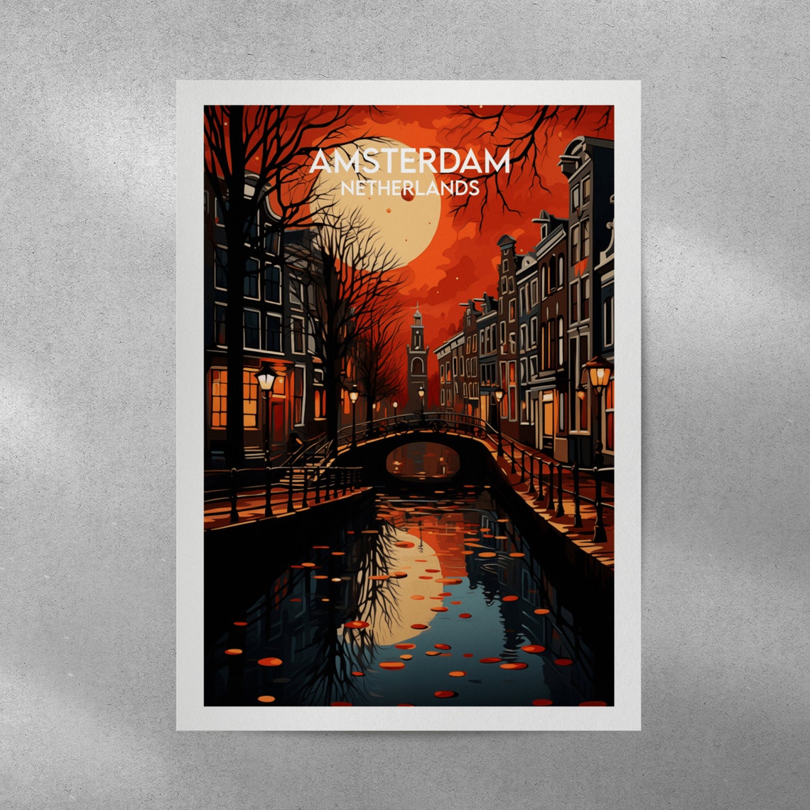 Amsterdam Netherlands Night Canal Moonlit Bridge Vintage Travel Poster - Image 3