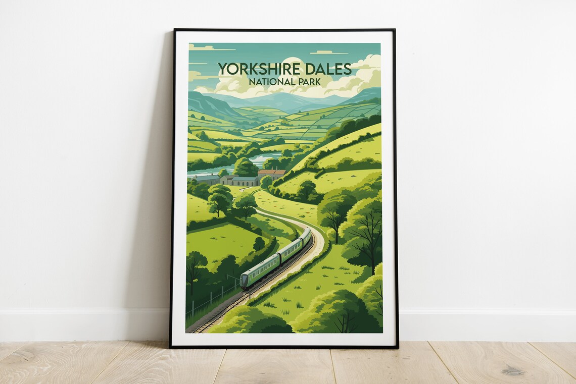 Yorkshire Dales National Park Countryside Train Vista Travel Poster