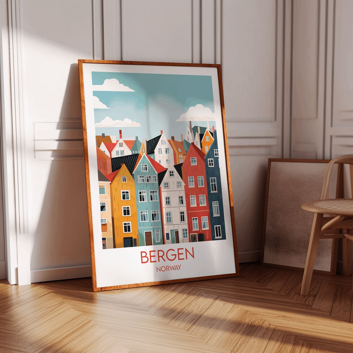 Bergen Norway Colorful Bryggen Wharf Houses Retro Travel Poster - Image 2