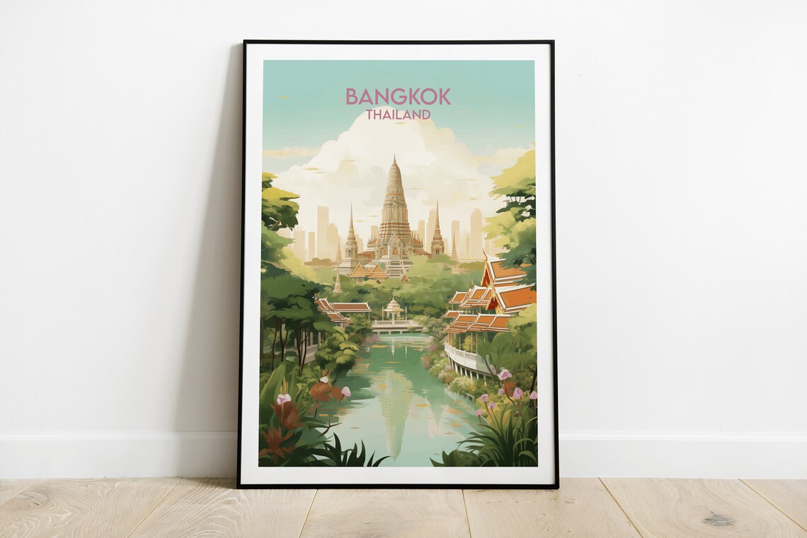 Bangkok Thailand Hidden Jungle Temple by Water Retro Travel Poster