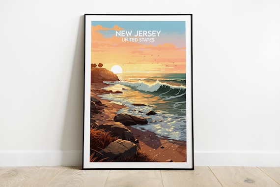New Jersey Ocean Coast Sunset Waves Rocky Beach Travel Poster