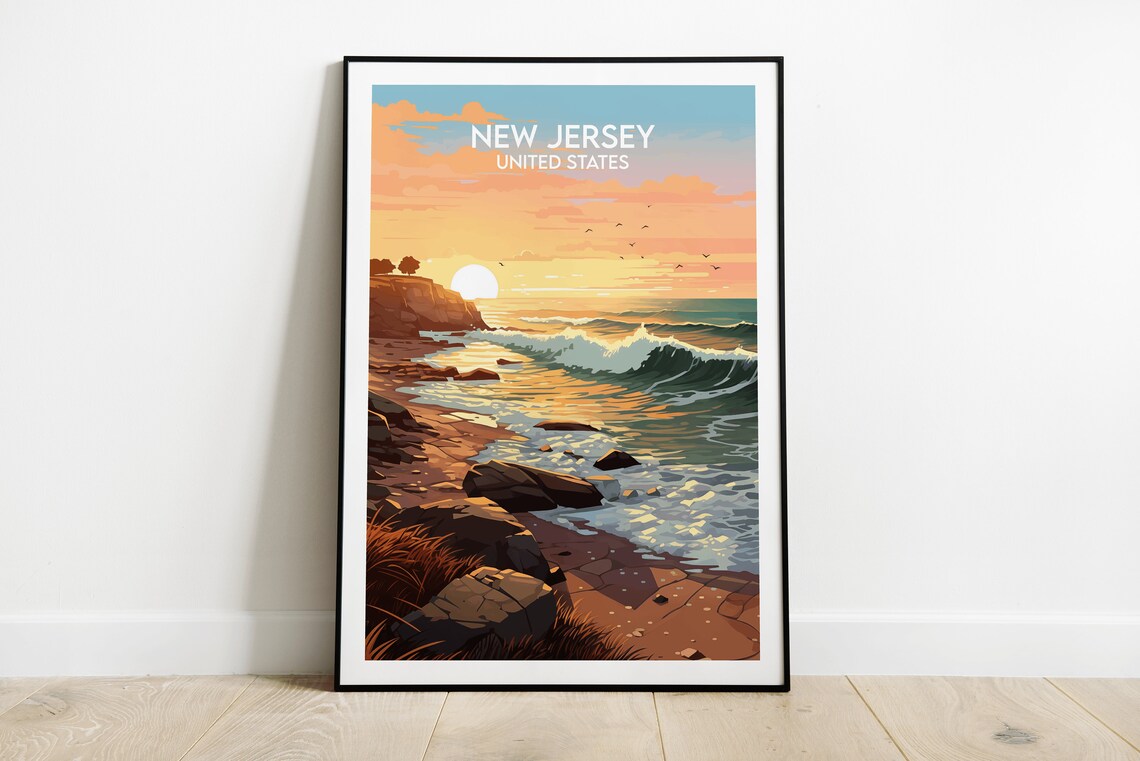New Jersey Ocean Coast Sunset Waves Rocky Beach Travel Poster