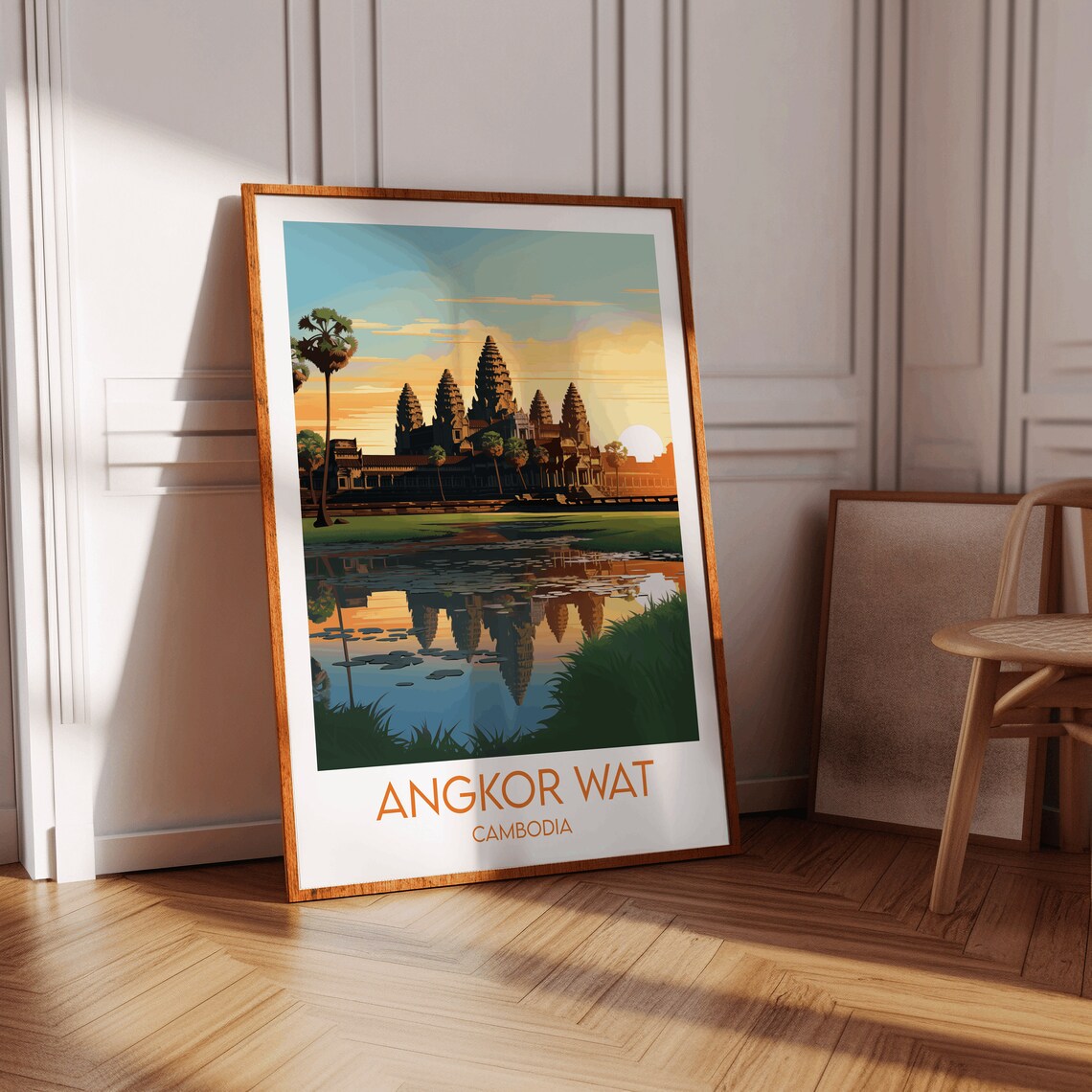 Angkor Wat Cambodia Temple Sunrise Reflection Retro Travel Poster - Image 2
