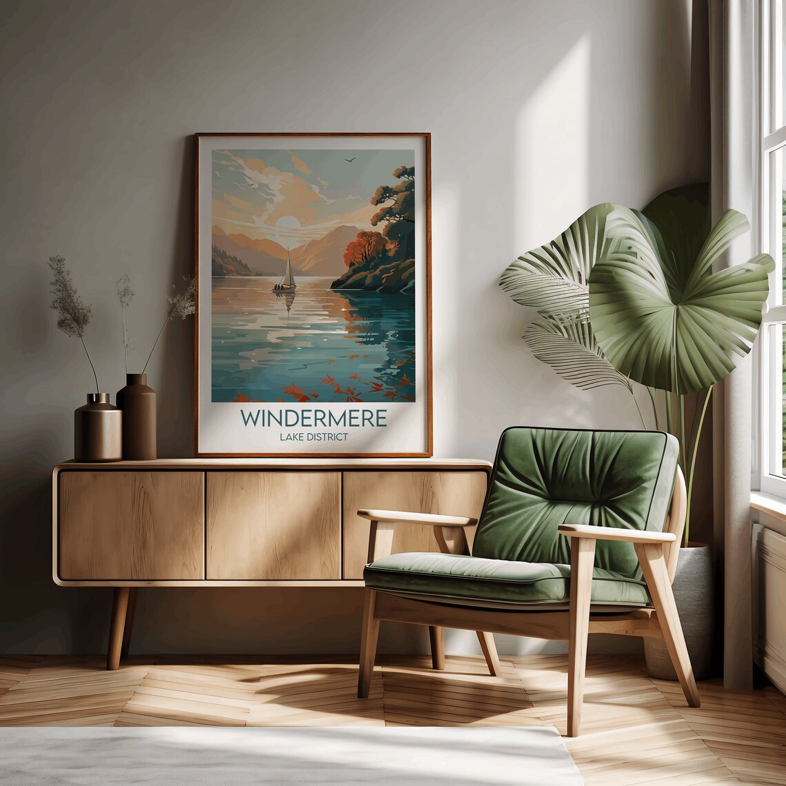 Windermere Lake District Sailboat Sunset Lake Scene Travel Art Poster - Image 3