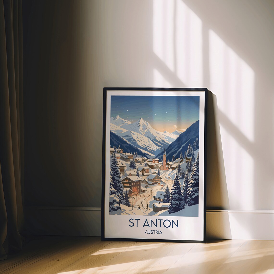 St Anton Austria Alpine Ski Village Twilight Vintage Travel Poster - Image 2